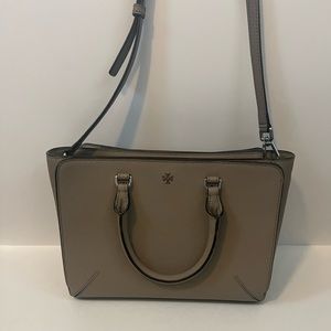 Tory Burch gray top handle leather bag with cross body strap